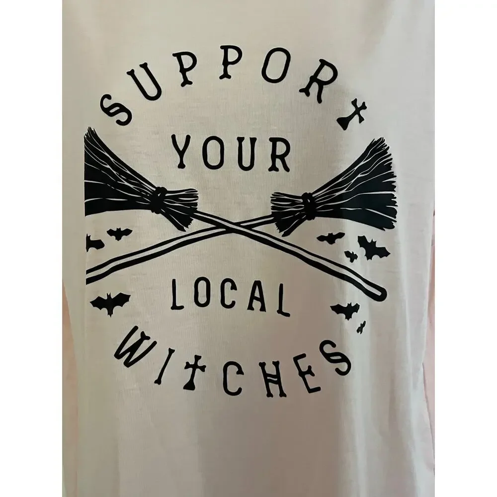 Women’s “Support Your Local Witches” Graphic T-Shirt Halloween Broom Bats M